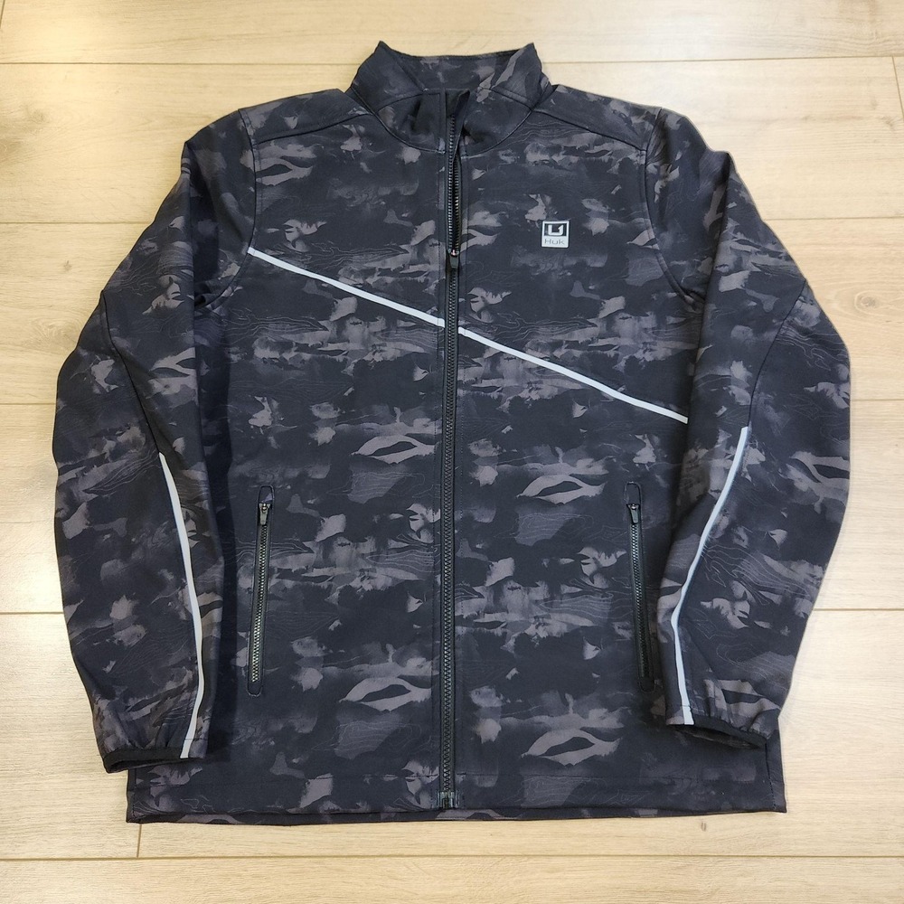 Huk Jacket Mens Medium Gray Camo Softshell Full Zip Fishing Windbreaker